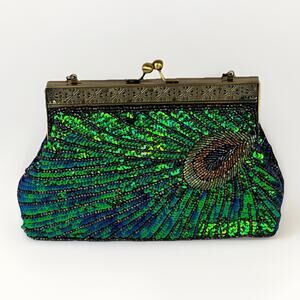 VTG Peacock Beaded Clutch Purse Evening Bag Art Deco Style Handbag Kiss Lock